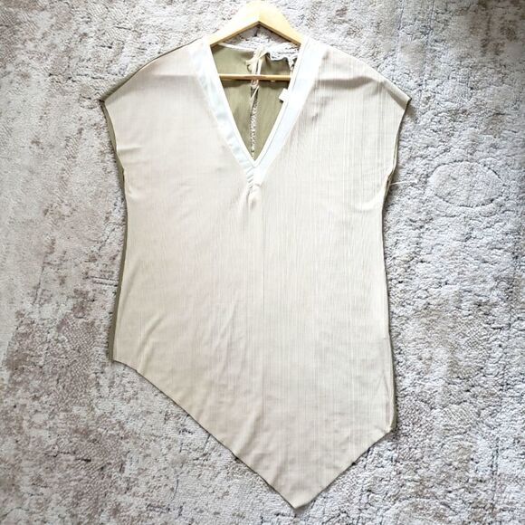 Pink Martini NWT Sleeveless Beige Green Asymmetrical Ribbed V-neck Top - Picture 1 of 15